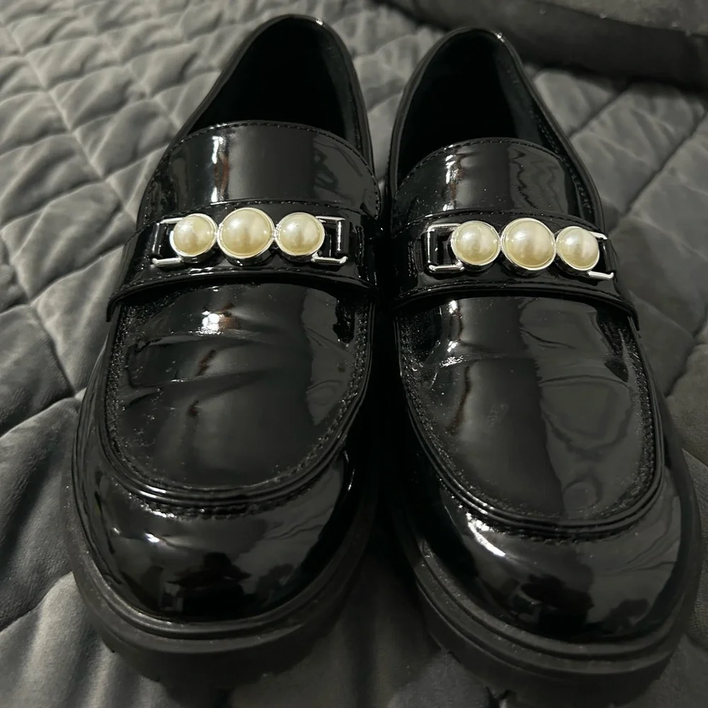 MARC FISHER Kids Designer Black Patent Mary Jane Loafer Shoes withPearl Sz 5